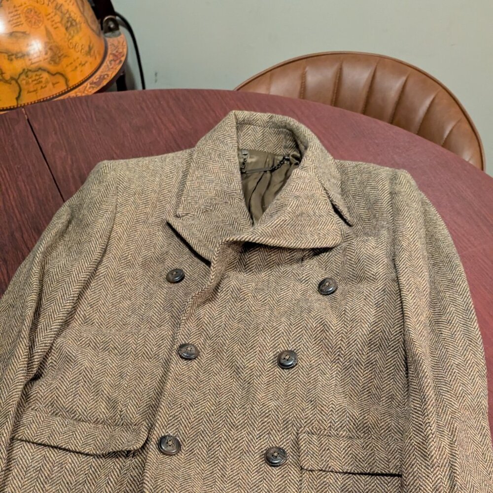 Elegant Gibson London Tan Herringbone Wool Overcoat – Size 38